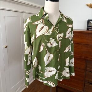 Zara Olive Green Button Down Collared Floral Blouse, Large